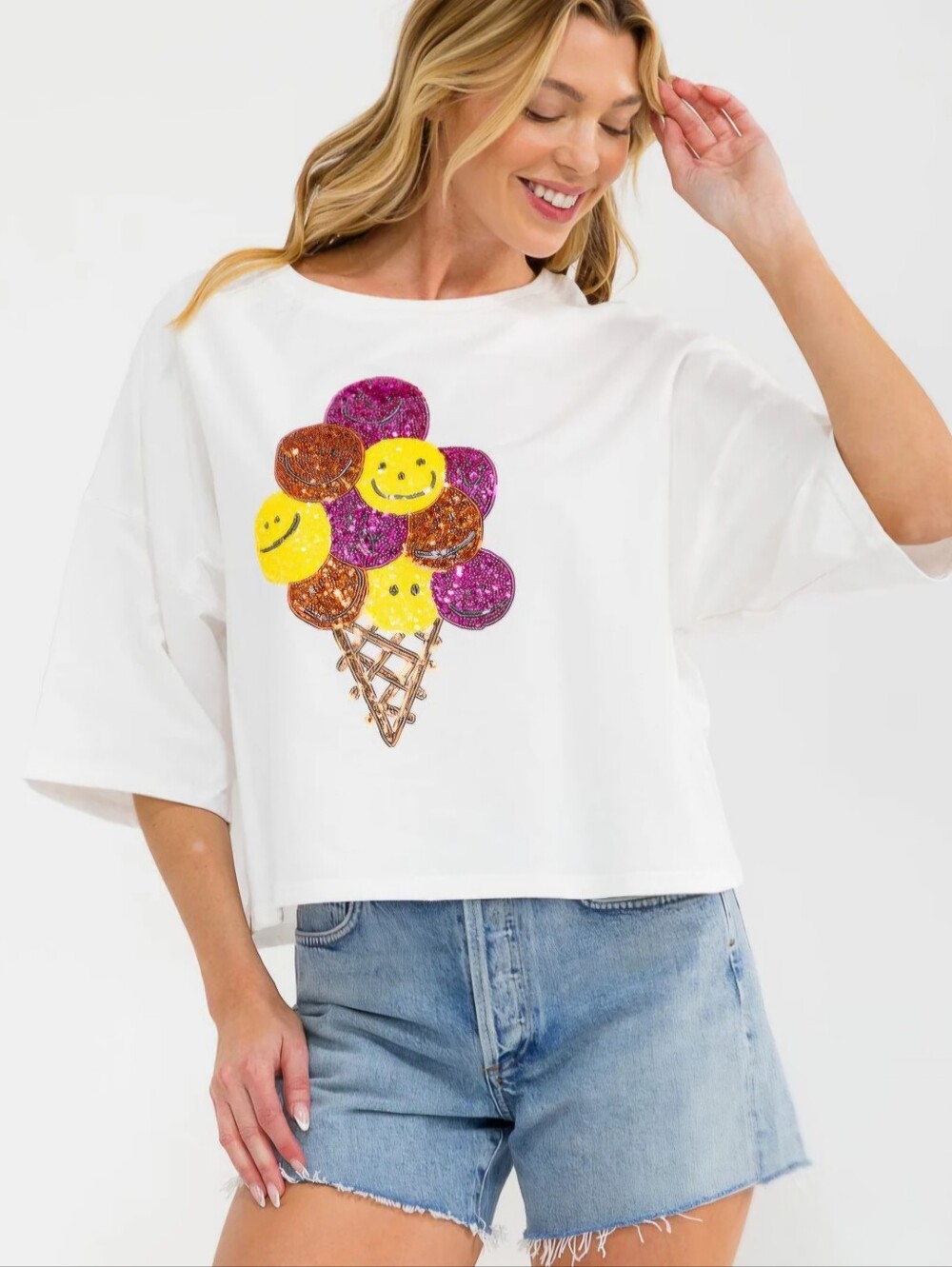 P105 Peach Love Glam Sequin Smiley Ice Cream Oversized Tee Boxy Drop Shoulder